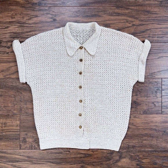 vintage • 50s cropped sweater cardigan cream gold sparkly metallic short sleeve - Picture 1 of 7